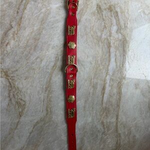 Gorsuch Red Leather Dog Collar with Gold Accents